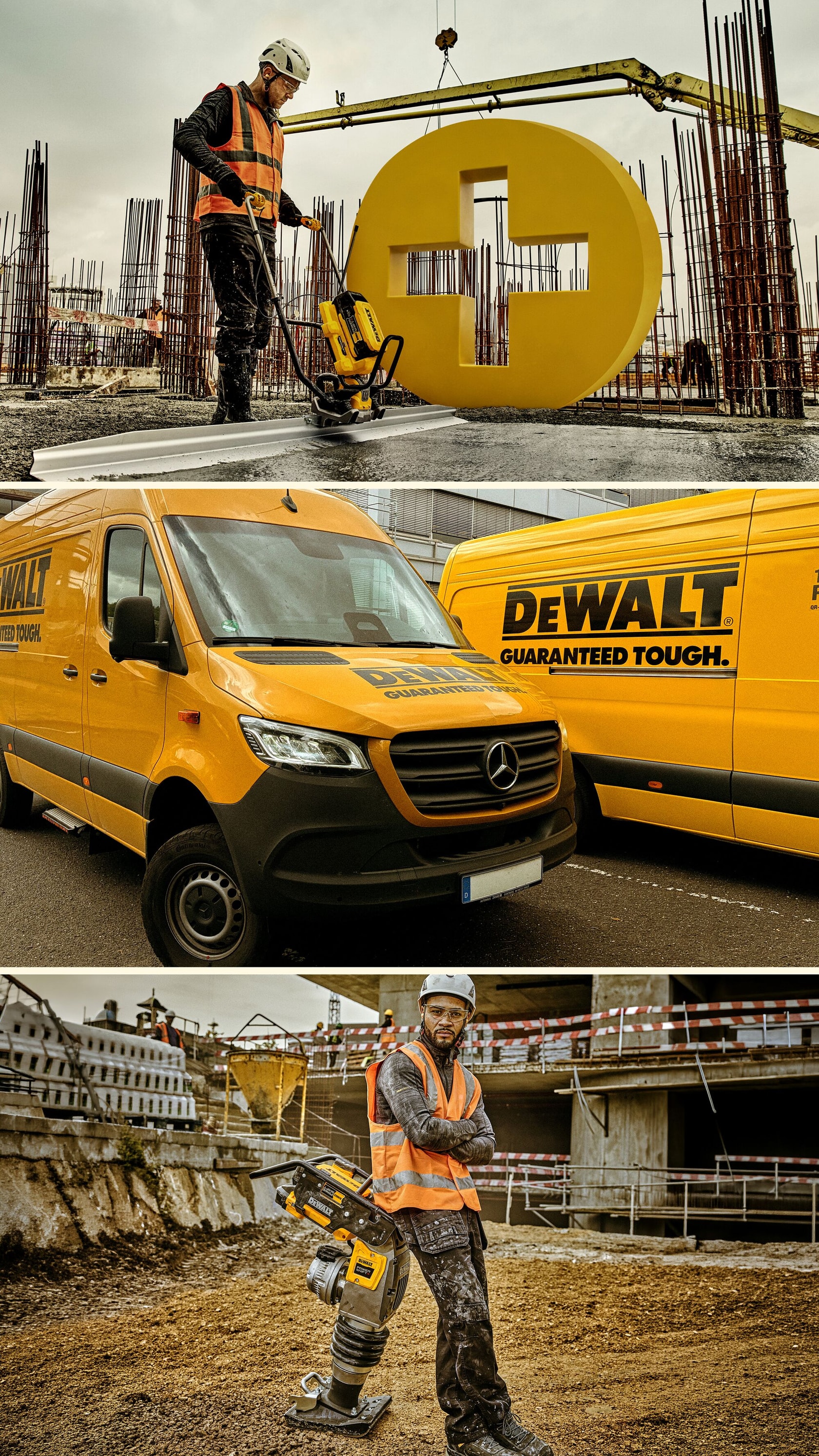 DEWALT Bauwerkzeuge und Transporter auf einer Baustelle, Arbeiter mit Ausrüstung und Sicherheitskleidung.